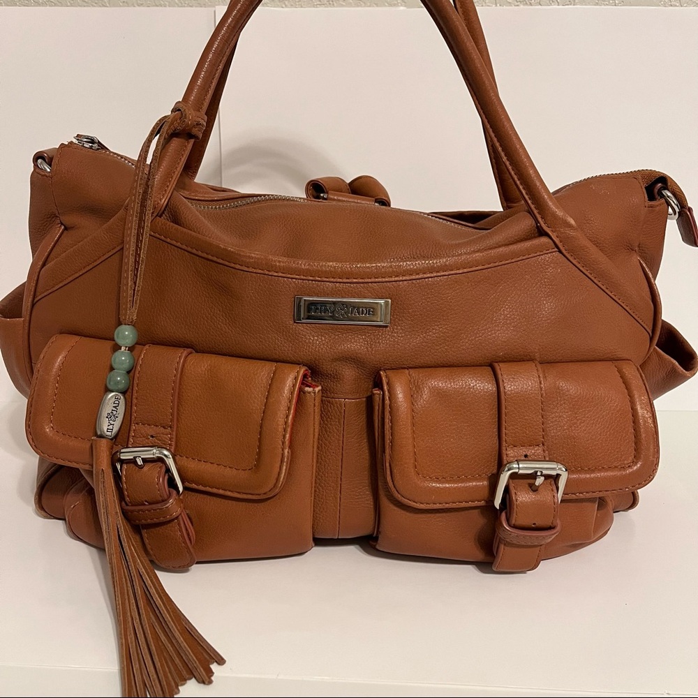 Lily Jade, Elizabeth diaper bag, old English leather, red lining- no tassel!